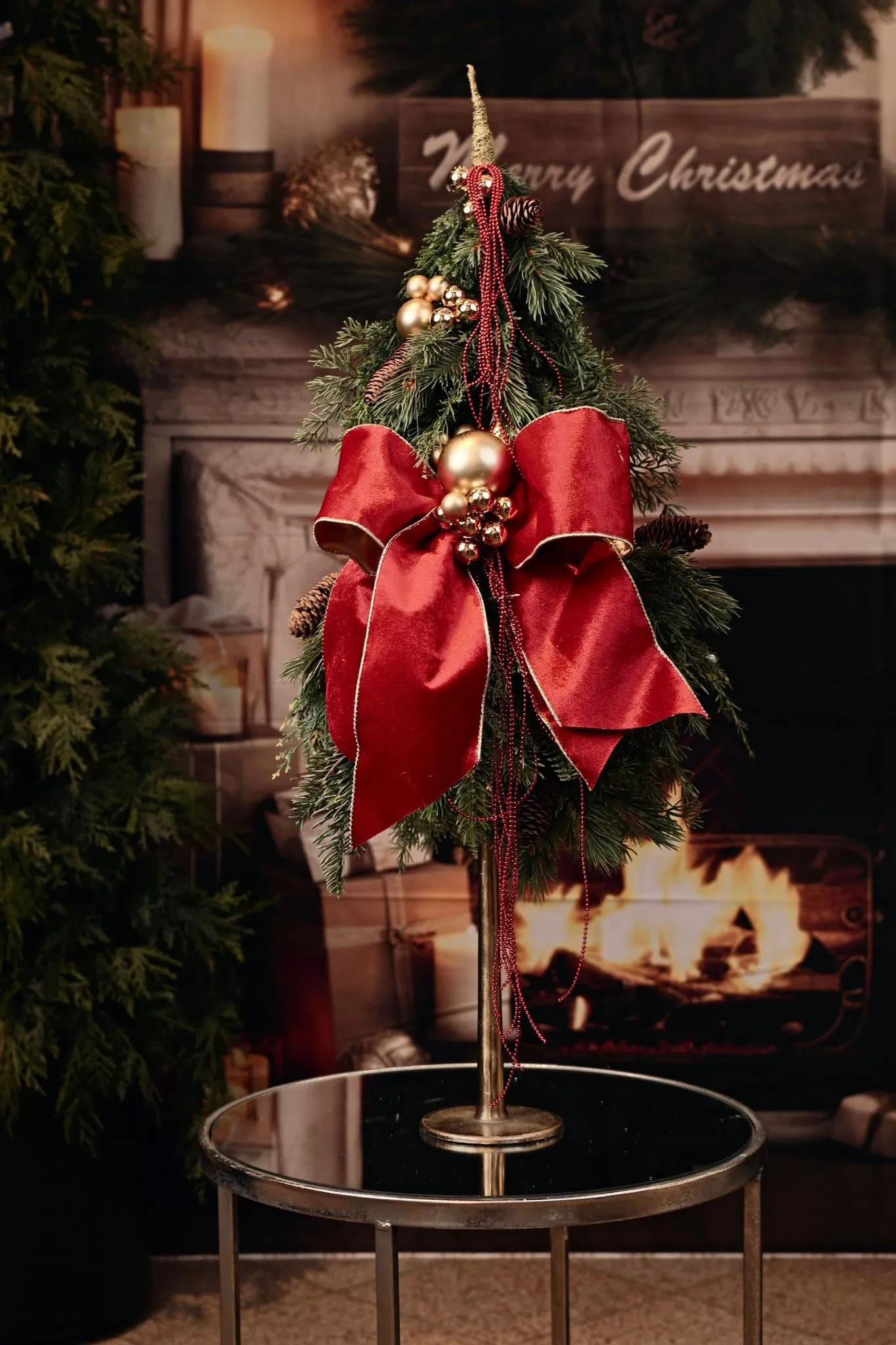 Stroik świąteczny choinka z welurową kokardą